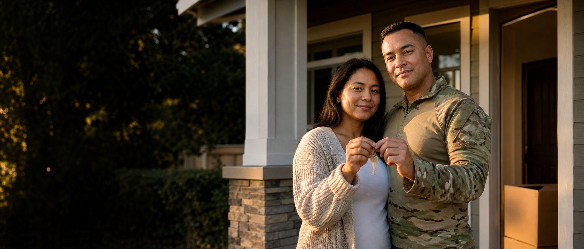 A service member and spouse holding the keys to their new home