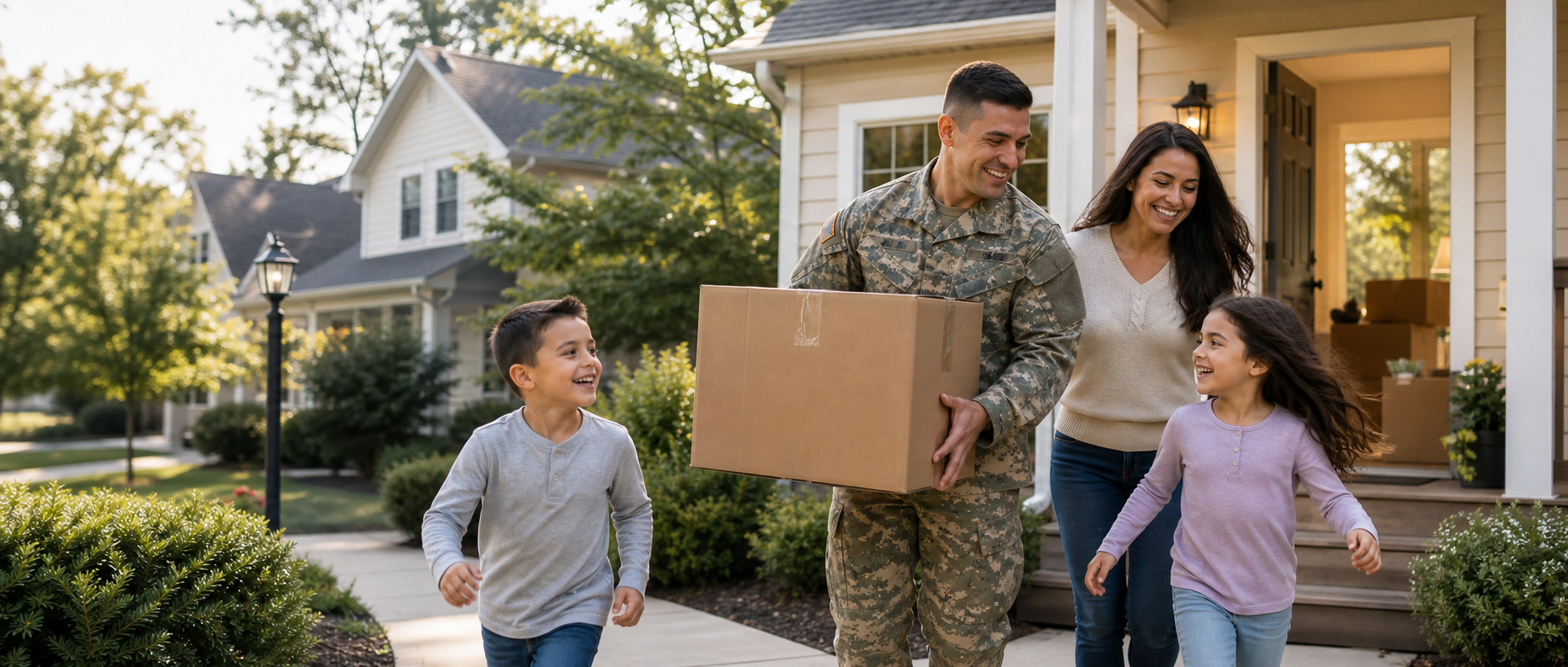 A uniformed service member moving into a new home with family