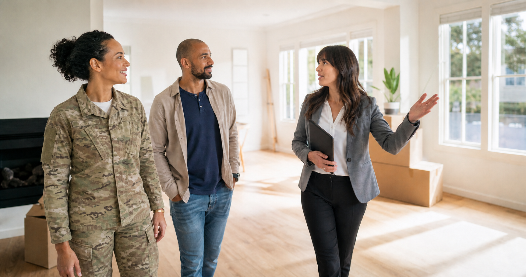 A uniformed service member touring a home with her spouse and real estate agent