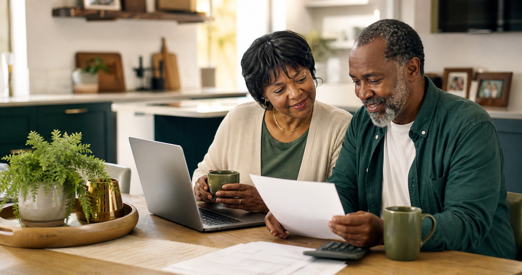 A retired veteran and spouse reviewing their home finances